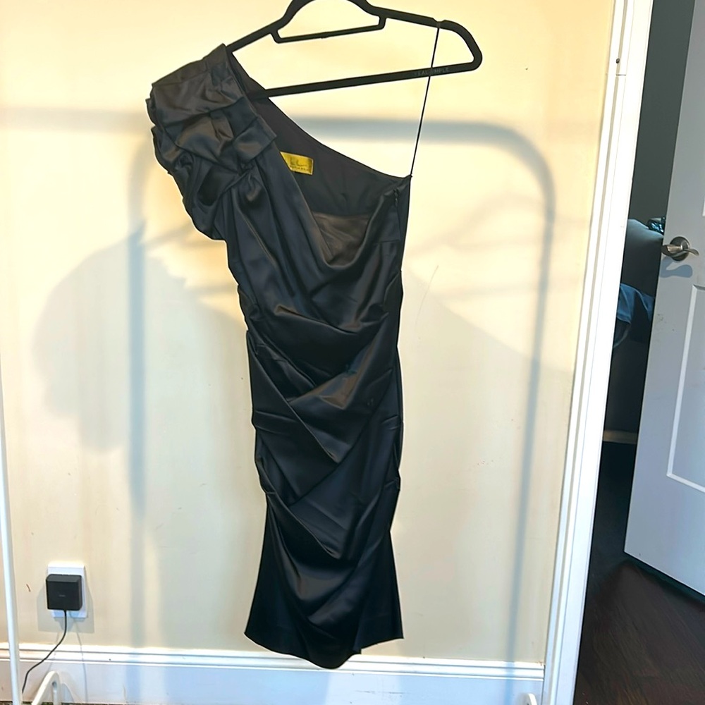 Nicole Miller-  one shoulder black satin dress-size 8